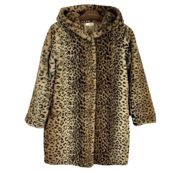 SWEET GIRL Coat Jacket~M Faux-Fur Hooded Brown Animal Cheetah Sherpa Teddy Thick - Picture 1 of 14